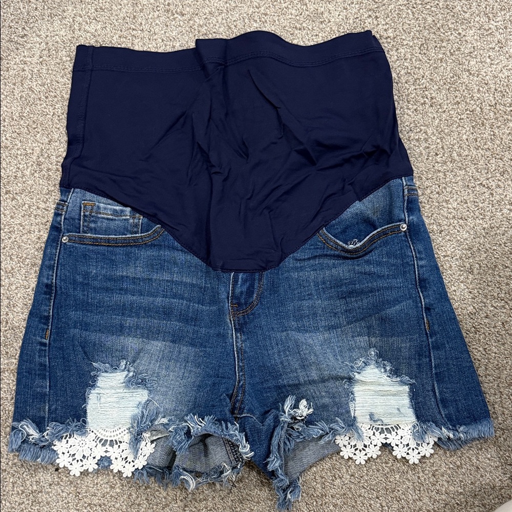 Maternity Denim Shorts with Navy Overband